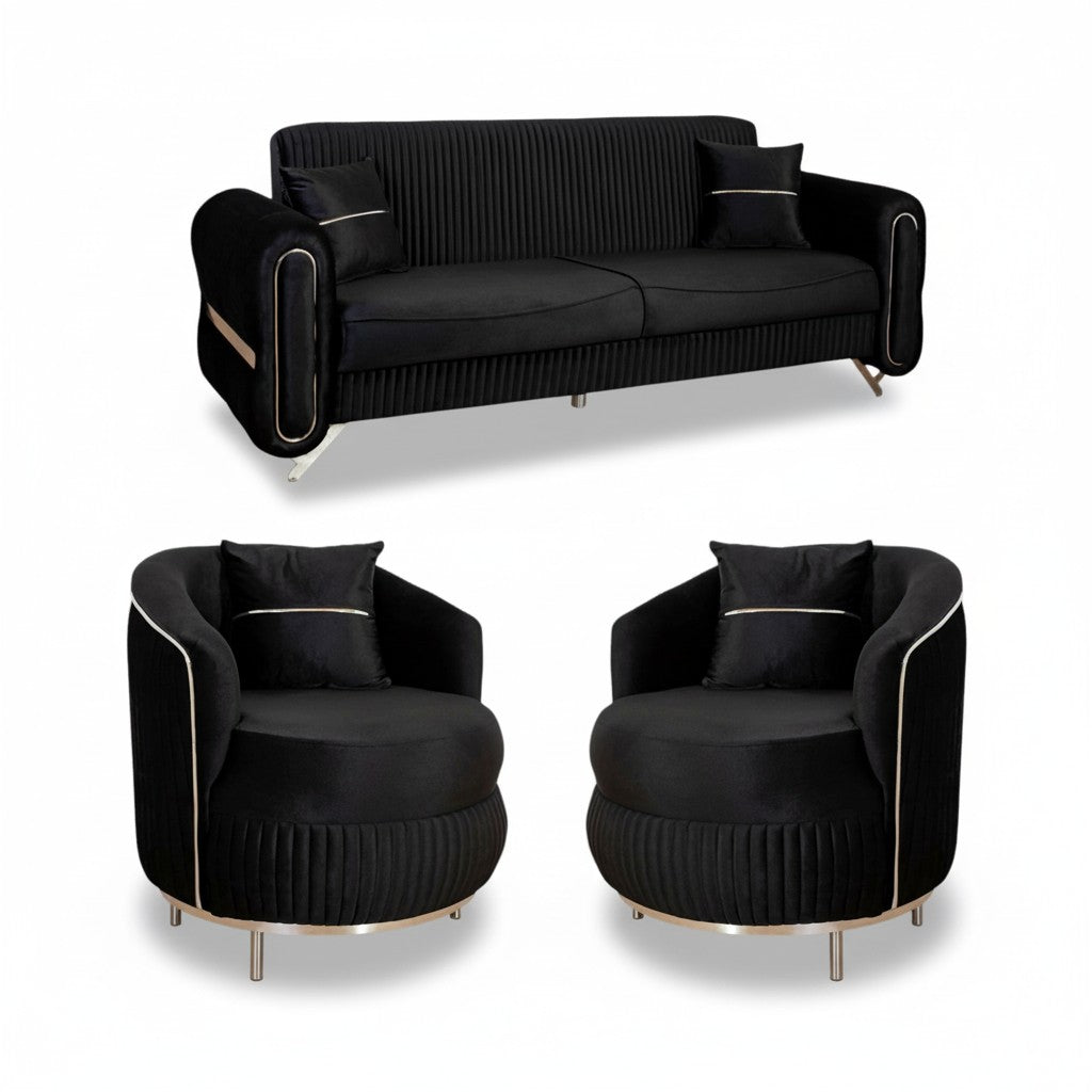 SET PALACE 3/1/1 - CANAPEA EXTENSIBILA + 2 FOTOLII, NEGRU CU ARGINTIU