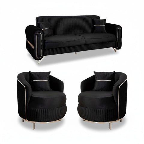 SET PALACE 3/1/1 - CANAPEA EXTENSIBILA + 2 FOTOLII, NEGRU CU ARGINTIU