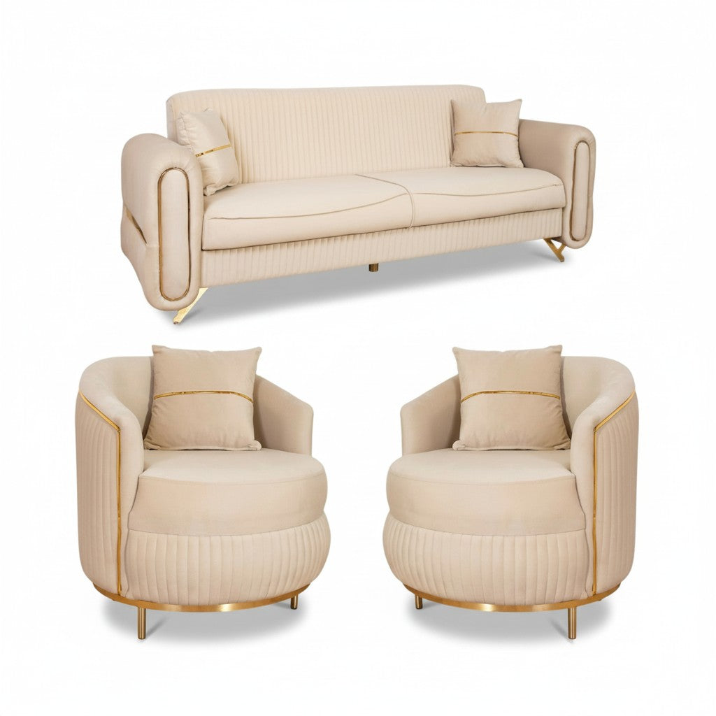 SET PALACE 3/1/1 - CANAPEA EXTENSIBILA + 2 FOTOLII, BEJ CU AURIU