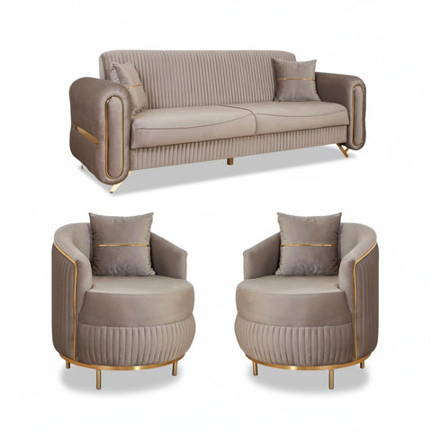 SET PALACE 3/1/1 - CANAPEA EXTENSIBILA + 2 FOTOLII, CAPUCINO CU AURIU