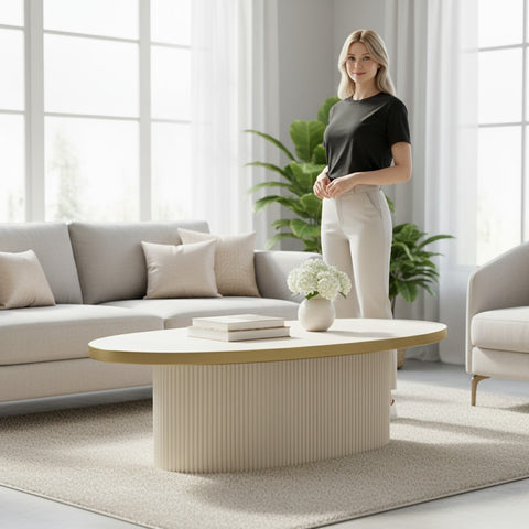 MASUTA CAFEA OVALA CU RIFLAJE BEJ & AURIU  120x60x40cm